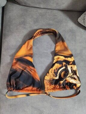 Roberto Cavalli Skims Tiger Print Halter Bikini Top in Orange and Black Size 3X